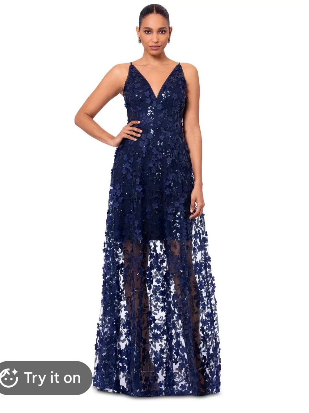 NWOT - Macy's Navy Floral Appliqué High-Low Gown